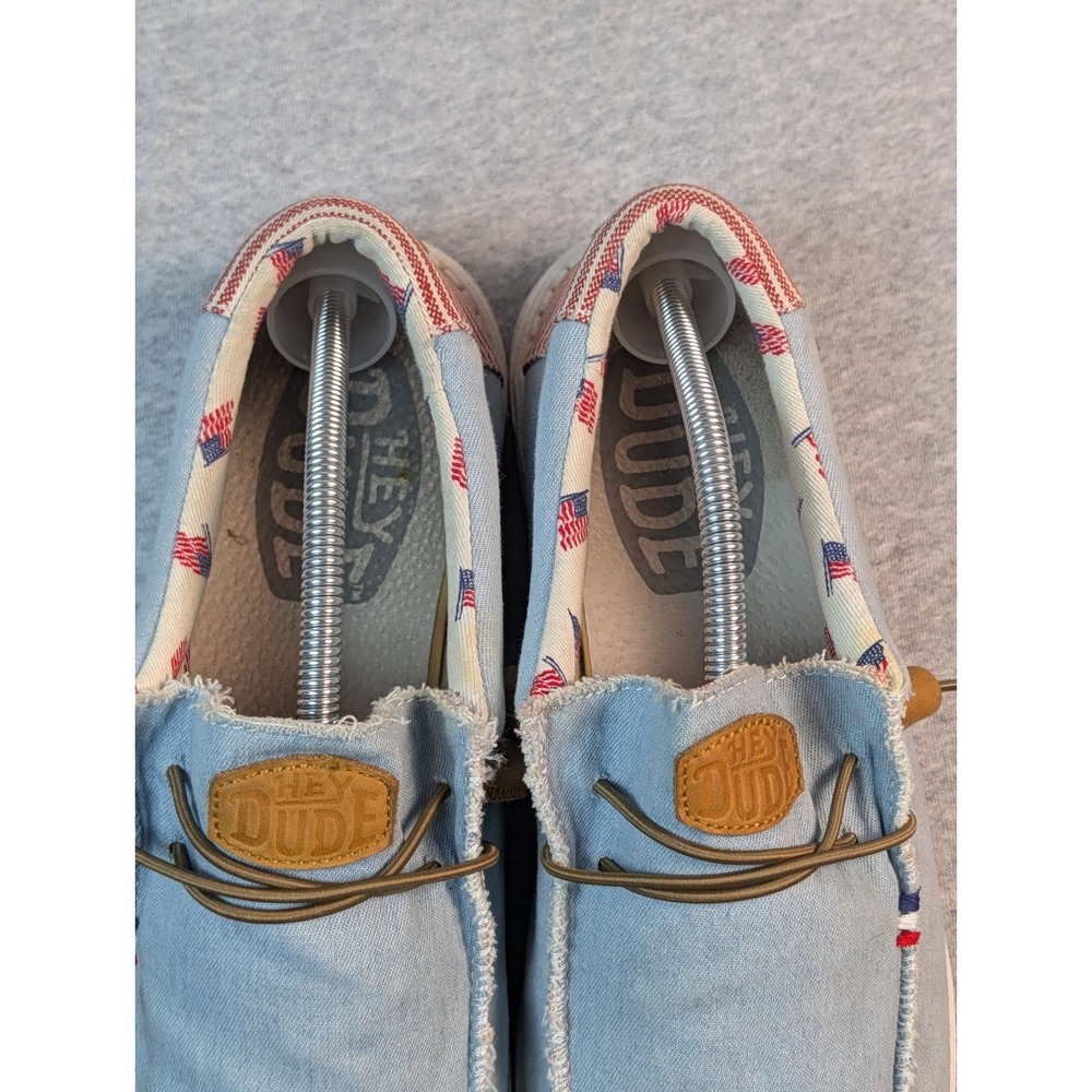 HEYDUDE Wally Americana Denim Stripe Mens 12 Flag Loafers Slip On Shoes - Picture 5 of 7